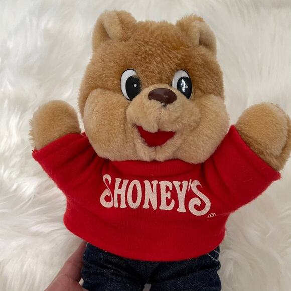 Vintage Shoneys Restaurant Bear Plush toy 10” Stuffed Animal Mascot Red Shirt - Picture 2 of 12